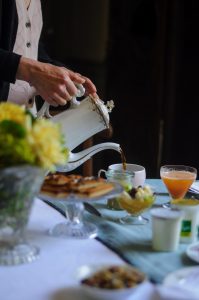 Presentation of breakfast with old crockery