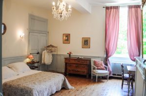 Overview of Mademoiselle's bedroom, double bedroom at the Manoir de la Villeneuve